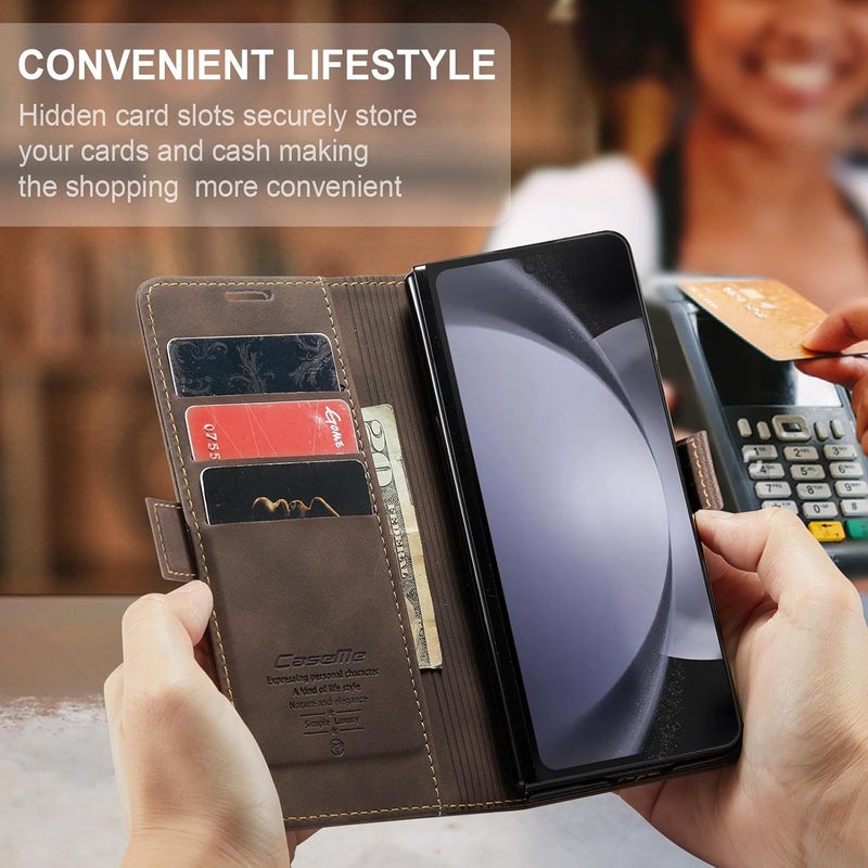 Cracedily for Samsung Galaxy Z Fold5 Case, Flip Wallet Leather Case with Card Holder Magnetic Closure Shockproof Kickstand Protective Phone Cases Cover for Samsung Galaxy Z Fold5,Coffee - Image 4